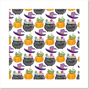 Halloween Pattern With Pumpkin Witch Hat Posters and Art